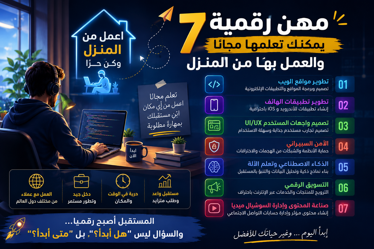 💰 7 مهن رقمية يمكنك تعلمها مجانًا والعمل بها من المنزل